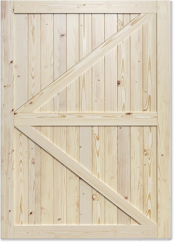 SmartStandard 60in x 84in Sliding Barn Wood Door, Natural, Fit 10FT Rail | Pre-Drilled Ready to Assemble, DIY Unfinished Solid Spruce Wood Panelled Slab, Interior Single Door Only, K-Frame