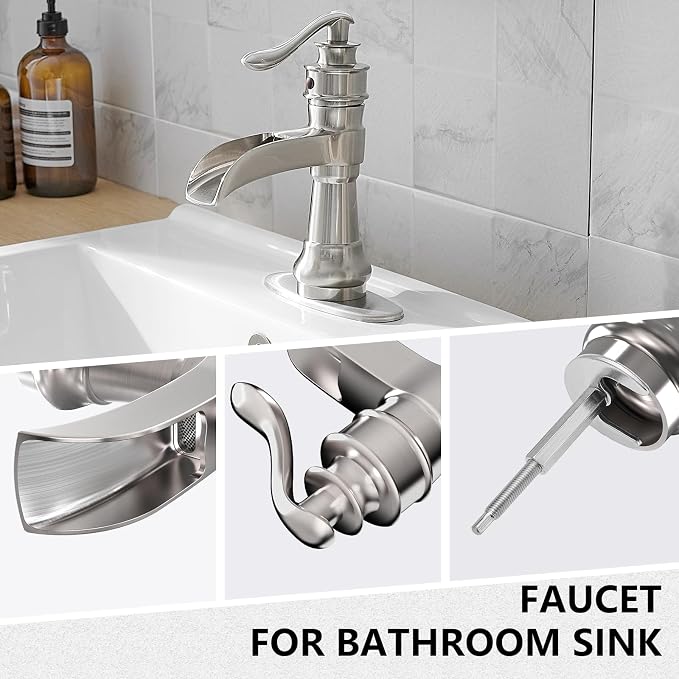 Brushed Nickel Bathroom Faucet Waterfall Single Hole Bathroom Sink Faucet | Brass Single Handle 1 Hole Farmhouse Faucets Lavatory Vanity with Overflow Pop Up Drain Parts by BATHLAVISH