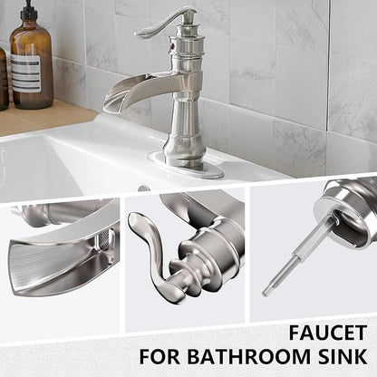 Brushed Nickel Bathroom Faucet Waterfall Single Hole Bathroom Sink Faucet | Brass Single Handle 1 Hole Farmhouse Faucets Lavatory Vanity with Overflow Pop Up Drain Parts by BATHLAVISH