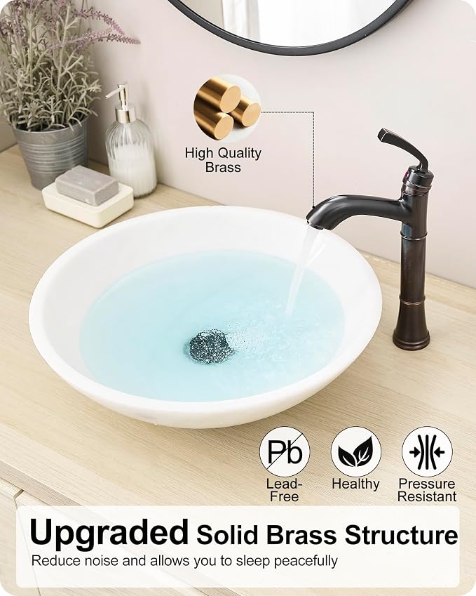 Brass Tall Bathroom Faucet 1 Hole, Oil Rubbed Bronze Bathroom Vessel Sink Faucet Single Handle with Pop-Up Drain & Pre-Installed Hoses, 5 Mins Install