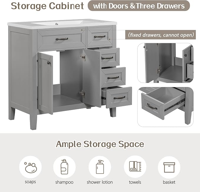 36 Inch Bathroom Vanities with Undermount Ceramic Sink, Storage Cabinet with Soft Closing Doors and Three Drawers, Solid Wood Frame, Gray