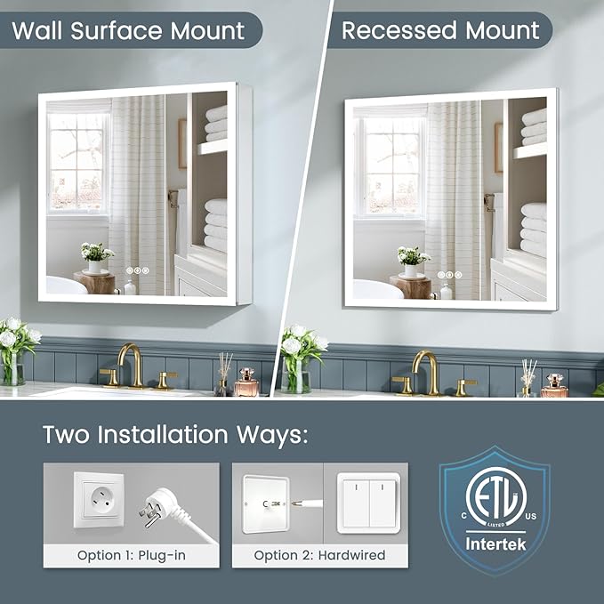 30x30 Inch Medicine Cabinet with Lights, AL Alloy Frame, Plug-in or Hardwired, Recessed or Wall Mount, Mirror Doors/3 Colors/Dimmable/Interior Sensor Light/Defog,2 Outlets & USBs,2 Shelves