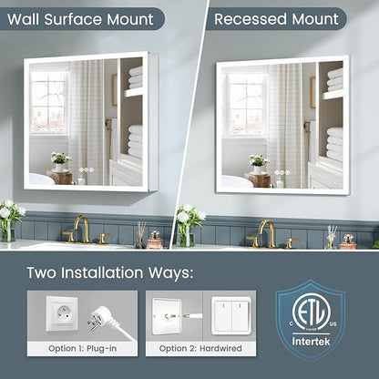 36x30 Inch Lighted Medicine Cabinet with Mirror, AL Alloy Frame, Plug-in or Hardwired, Recessed or Surface Mount, 3 Colors/Dimmable/Interior Sensor Light/Defog,2 Outlets & USBs,3 Shelves