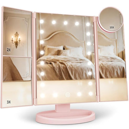 HUONUL 2X/3X/10X Magnifying Vanity Mirror with Light, Trifold Makeup Mirror | Touch Dimming, Dual Power, Clear View for Makeup, Skincare. Dorm Room Essentials. Birthday Gifts for Women, Mom, Wife, Girls