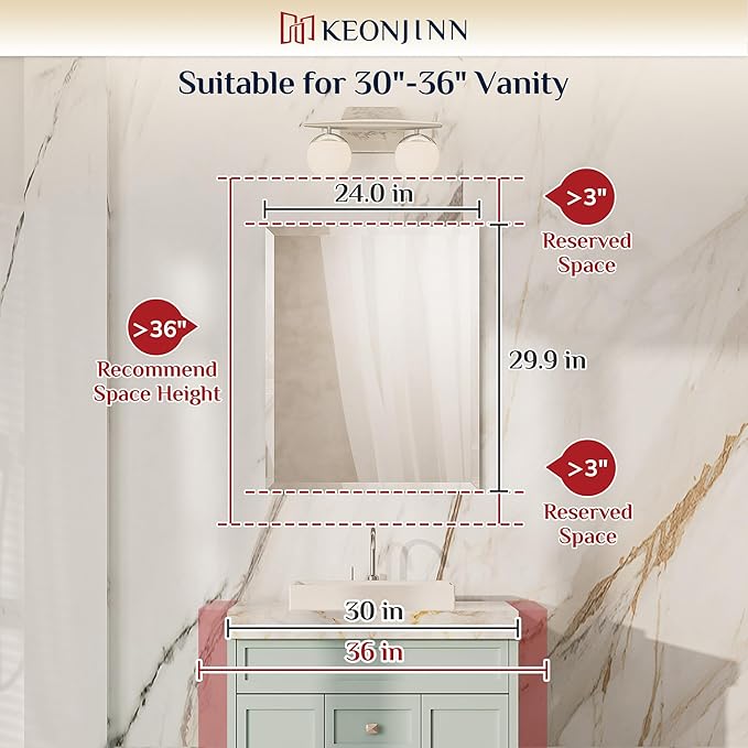 Keonjinn 24 x 30 Inch Beveled Bathroom Mirror, Rectangle Bathroom Mirrors for Over Sink, Shatterproof Wall Mirror, Modern Decorative for Living Room, Entryway, Bedroom, Horizontal/Vertical