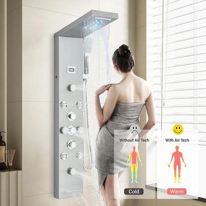 FUZ Shower Panel Tower System, Stainless Steel 6 IN 1 Shower Panel System with LED Fancy Rain Shower Head and Handheld, Adujstable Rainfall Massage Body Jets and Tub Spout, Brushed Nickel Shower Tower
