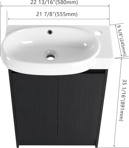 23" Freestanding Bathroom Vanity with Sink Set for Small Space, Soft Close Doors Round Ceramic Sink Bathroom Cabinet, Black Vanity and Sink Combo for Bathroom, Floor Mount Small Bathroom Vanities