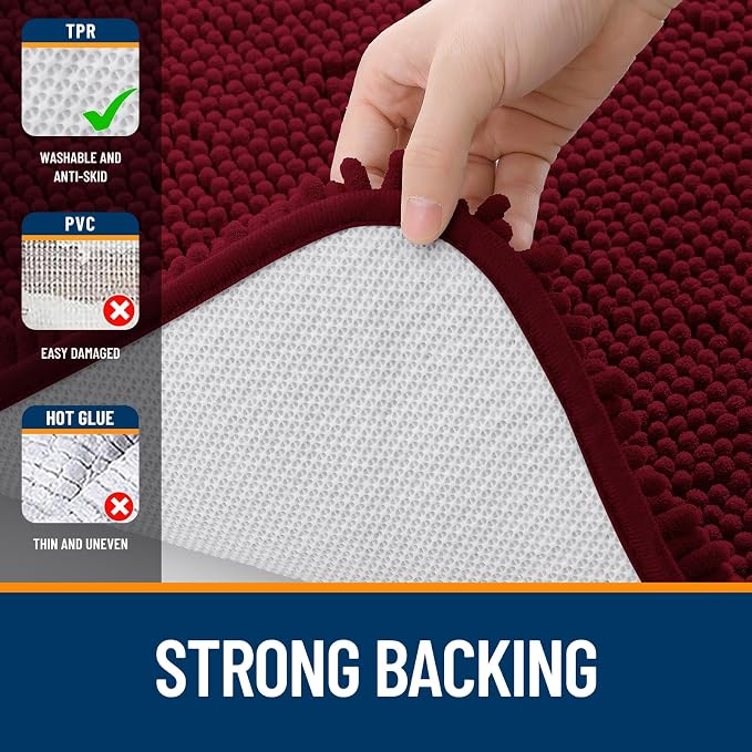 OLANLY Bathroom Runner Rugs 45x27, Extra Soft Absorbent Chenille Bath Rugs | Burgundy, Quick-Drying Rubber Backing, Washable Long Bath Mat for Bathroom Floor, Tub and Shower, Home Decor Accessories