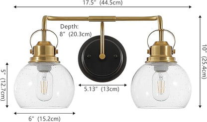 JONATHAN Y 17.5" Brass Gold/Oil Rubbed Bronze Shirley 2-Light Bathroom Vanity Light, Metal Wall Sconce, Clear Seeded Glass Shade, Modern Transitional Farmhouse Fixture, LED Bulbs Included (JYL7404B)