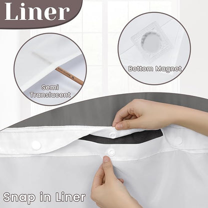 SORTTO No Hook Slub Shower Curtain with Liner, 71x98, Black | Snap in Liner, 3 in 1, Bamboo Texture, Hotel Style, Waterproof Fabric, Mesh Top Window, Corner Magnets, Machine Washable