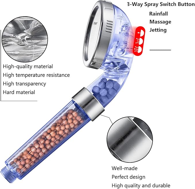 NOSAME Shower Head, Filter Filtration High Pressure Water Saving 3 Mode Function Spray Handheld Showerheads for Dry Skin & Hair | Handheld Showerheads, Filter Filtration High Pressure Water Saving 3 Mode Function Spray Shower Head for Dry Skin & Hair