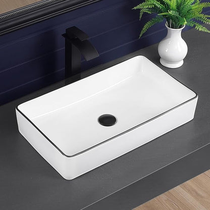 Vessel Sink 24"x14" Rectangular Bathroom Sink Modern White with Black Trim Porcelain Ceramic Above Counter Vanity Sink for Bathrooms Art Basin