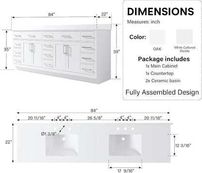 84-Inch Bathroom Vanity with Double Sinks W/ 4 Doors & 12 Drawers & 2 Flip Drawers, White Vanity W/Brushed Nickel Handles