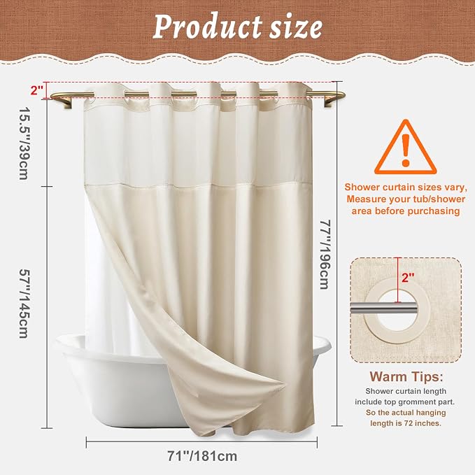 WONICY No Hook Linen Look Shower Curtain with Snap-in Liner, Cream, 71 x 77 | Ringless, Waterproof & Washable, Hotel Style, Mesh Top Window, Bottom Magnets, Thick, Farmhouse, for Bathroom