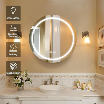 Round Medicine Cabinet with Light,3 Color Temperature,Dimmer,Defogger,32inch,White