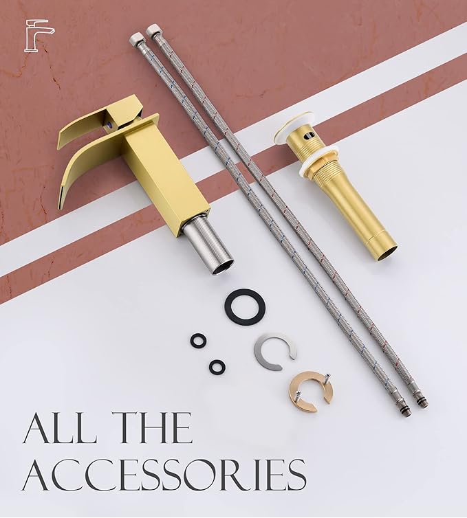 Gold Bathroom Faucet, Modern Single Hole Waterfall Spout Sink Faucet, Brushed Gold With Drain Assembly and Hose