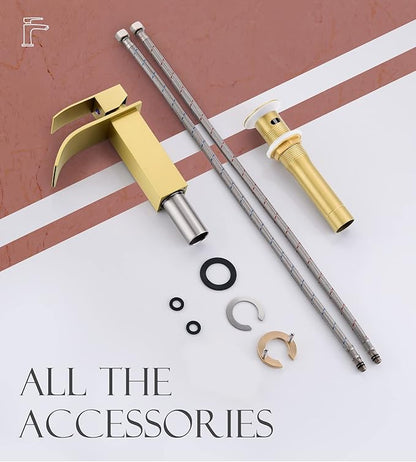 Gold Bathroom Faucet, Modern Single Hole Waterfall Spout Sink Faucet, Brushed Gold With Drain Assembly and Hose