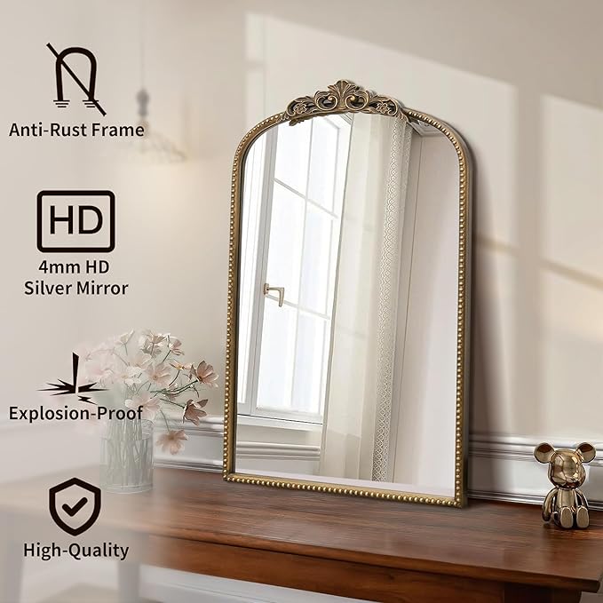 Micasso Bathroom Mirrors for Over Sink: 19"x31" Gold Vintage Arched Mirror | Traditional Ornate Baroque Decorative Antique Wall Mirror for Bedroom/Entryway/Hallway/Dresser/Vanity/Mantel/Nightstand