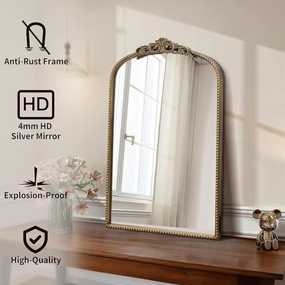 Micasso Bathroom Mirrors for Over Sink: 19"x31" Gold Vintage Arched Mirror | Traditional Ornate Baroque Decorative Antique Wall Mirror for Bedroom/Entryway/Hallway/Dresser/Vanity/Mantel/Nightstand