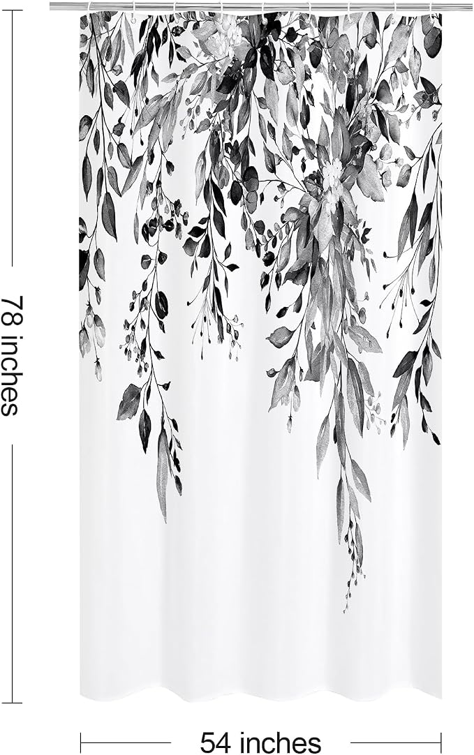Black Eucalyptus Shower Curtain, Watercolor Floral Print, 54x78 | Watercolor Plant Leaves Floral Print, Stall Waterproof Fabric Bathroom Decor, Machine Washable, Rustproof Grommets