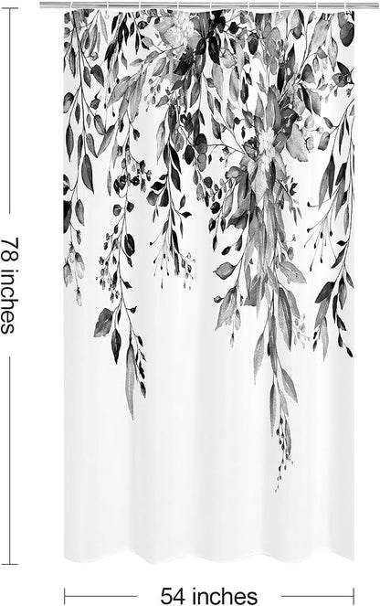 Black Eucalyptus Shower Curtain, Watercolor Floral Print, 54x78 | Watercolor Plant Leaves Floral Print, Stall Waterproof Fabric Bathroom Decor, Machine Washable, Rustproof Grommets