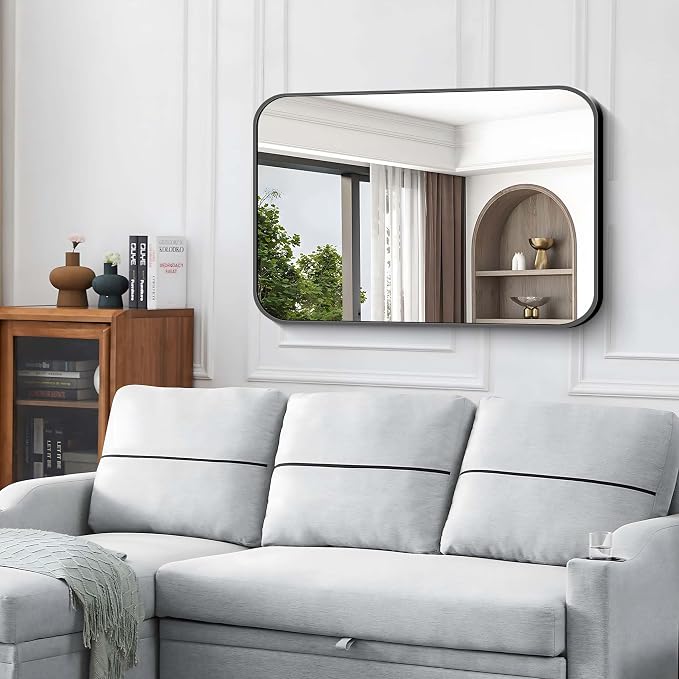 Black Bathroom Mirror, 28x42 inch Aluminum Metal Frame Rectangular Vanity Mirror, Wall Mounted Rectangle Mirrors with Rounded Corner for Bedroom Living Room Hangs Horizontal Or Vertical