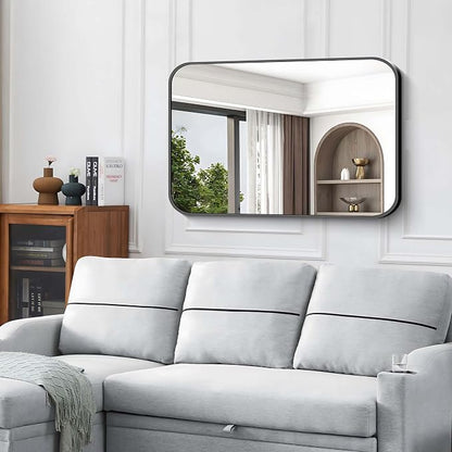 Black Bathroom Mirror, 28x42 inch Aluminum Metal Frame Rectangular Vanity Mirror, Wall Mounted Rectangle Mirrors with Rounded Corner for Bedroom Living Room Hangs Horizontal Or Vertical