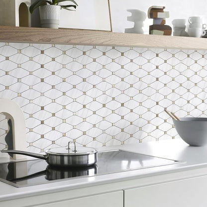 STICKGOO 10 Sheets Peel and Stick Backsplash, Dolomite White | PVC Mixed Metal Gold Kitchen Backsplash, Waterproof, Self Adhesive Tiles for Fireplace, Bathroom, RV