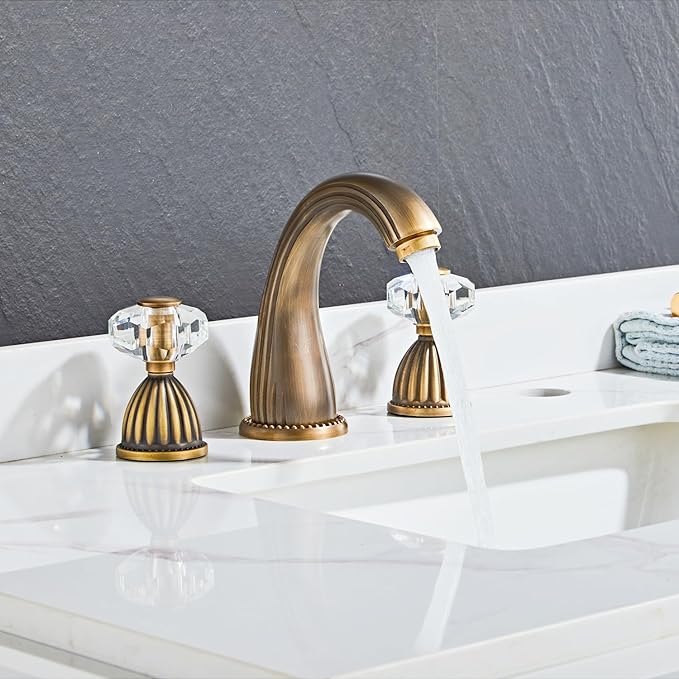 Bathroom Sink Faucet 3 Hole Deck Mounted Widespread Brass Bathroom Faucet Crystal Handle Mixer Tap, Antique Bronze