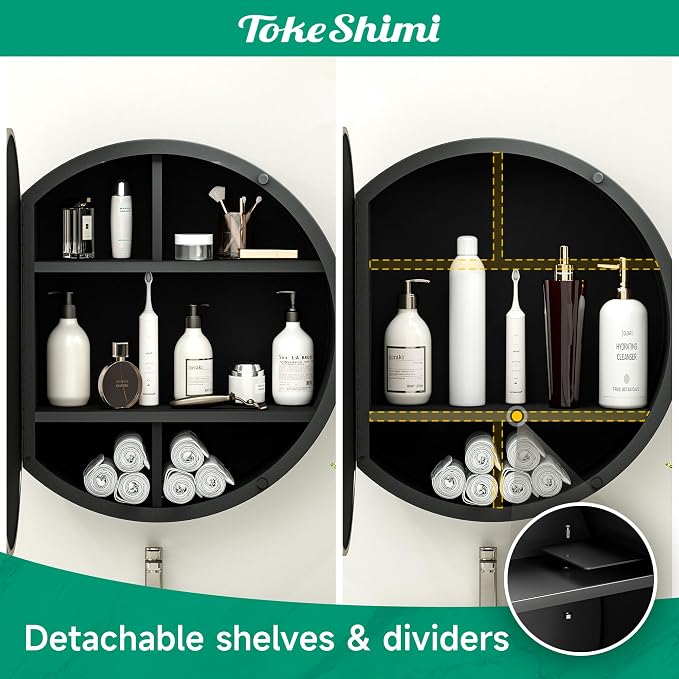 TokeShimi 26 x 26 Round Medicine Cabinet with Mirror, Brushed Nickel Circular Bathroom Medicine Cabinet with Stainless Steel Metal Frame, Detachable Shelves, Shatterproof, Wall Mounted Only
