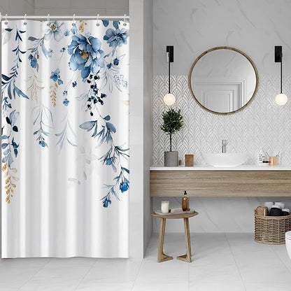 AWERT Blue Plants Shower Curtain with Hooks Watercolor Leaves Shower Curtain for Bathroom Waterproof Bathroom Accessories Bathtub Decor 36x72inch