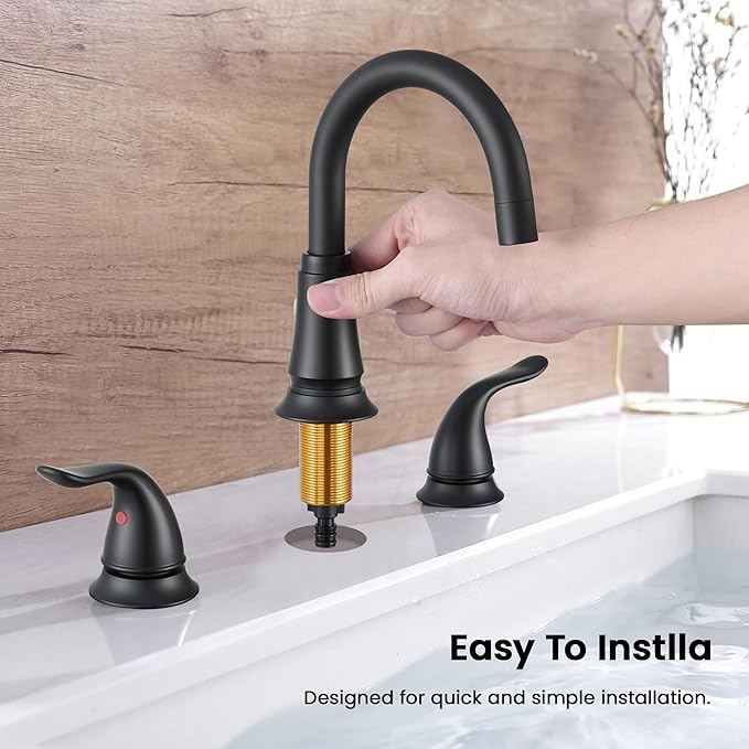 Matte Black Widespread Bathroom Faucet 3 Hole, 8 Inch Adjustable Bathroom Sink Faucet with Pop-Up Drain & Supply Lines, Dual Handle 360° Swivel Spout, Modern Design