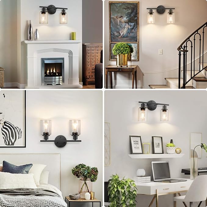 Bathroom Light Fixtures, 2 Light Black Vanity Light, Wall Sconces Lighting | Modern Bath Wall Mounted Lights with Glass Shade, Porch Wall Lamp for Mirror, Living Room, Bedroom, Hallway, Cabinet