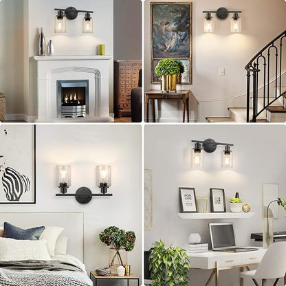 Bathroom Light Fixtures, 2 Light Black Vanity Light, Wall Sconces Lighting | Modern Bath Wall Mounted Lights with Glass Shade, Porch Wall Lamp for Mirror, Living Room, Bedroom, Hallway, Cabinet