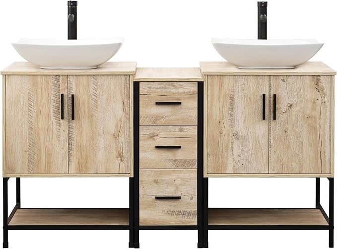 UEV Rustic Oak 60" Double Bathroom Vanity with Sink Combo,Industrial Iron Frame 2 Main Bathroom Vanity with Middle 3 Drawers Cabinet,Modern Artistic Ceramic Vessel Sink(032WH)