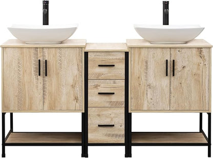 UEV Rustic Oak 60" Double Bathroom Vanity with Sink Combo,Industrial Iron Frame 2 Main Bathroom Vanity with Middle 3 Drawers Cabinet,Modern Artistic Ceramic Vessel Sink(032WH)