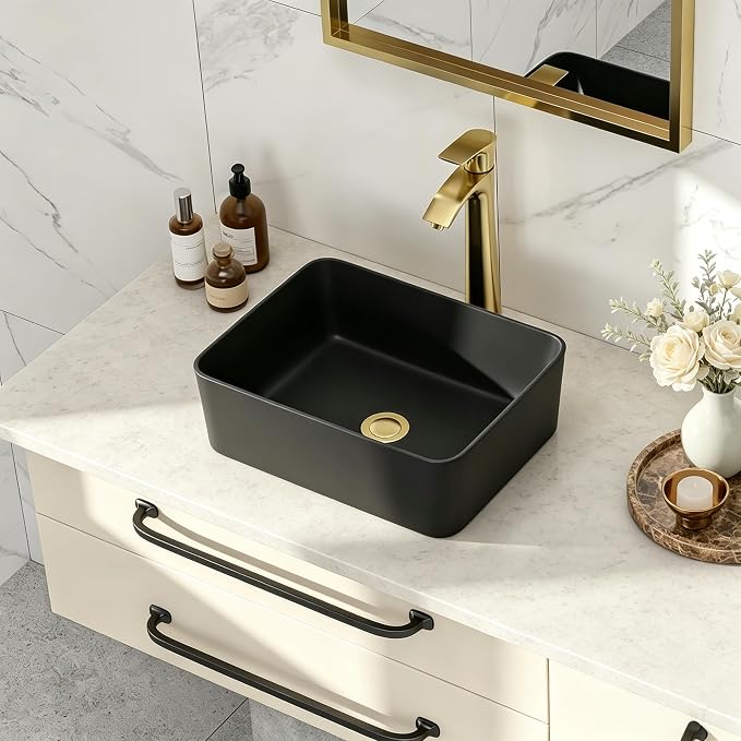 Matte Black Vessel Sink 16x12 inch Bathroom Sink | Rectangle Ceramic Porcelain Stain Resistant Vanity Basin for Bathroom & Powder Room