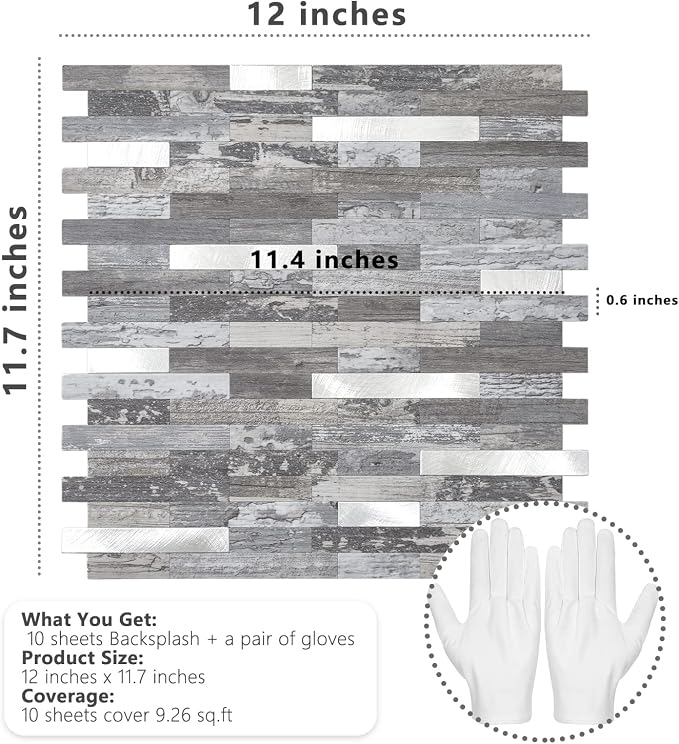 STICKGOO Peel and Stick Backsplash, PVC Wall Tiles Stick on Backsplash for Kitchen(10 Sheets, Distressed Wood with Metal Silver)