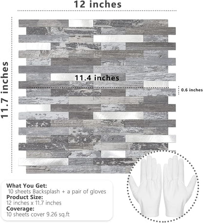 STICKGOO Peel and Stick Backsplash, PVC Wall Tiles Stick on Backsplash for Kitchen(10 Sheets, Distressed Wood with Metal Silver)