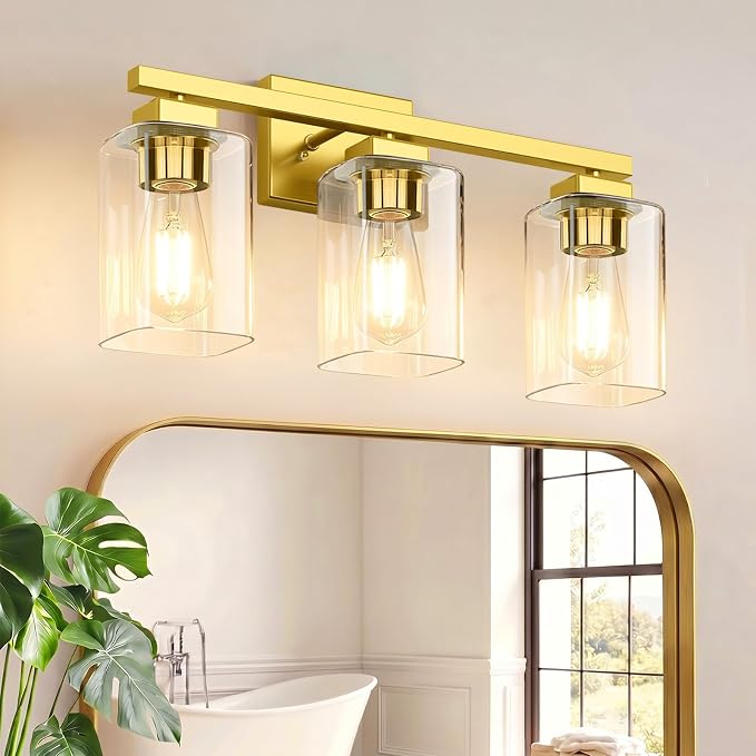 19” Bathroom Light Fixtures Over Mirror, 3-Light Gold Vanity Light | Square Clear Glass & Durable Metal, Quick & Easy Installation, Standard E26 Socket, Bright Bathroom Lighting