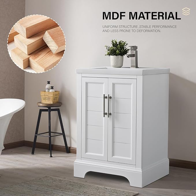 HOMEBEYOND 24 Inch Bathroom Vanity with Single Sink & Ceramic Top, Vanity Cabinet with Center Countertop Basin, Soft-Closing Doors, White