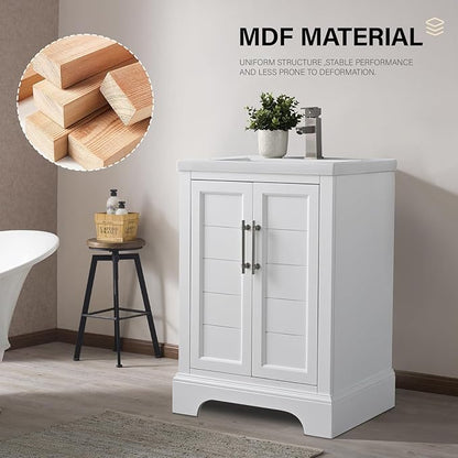 HOMEBEYOND 24 Inch Bathroom Vanity with Single Sink & Ceramic Top, Vanity Cabinet with Center Countertop Basin, Soft-Closing Doors, White