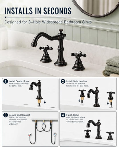 gotonovo Bathroom Faucet 3 Hole Vintage, Oil Rubbed Bronze, H C Label | Widespread Bathroom Sink Faucet 8 Inch 2 Cross Handles,Pop Up Drain,cUPC Supply Line,4-15.7” Install,for Vanity Farmhouse RV