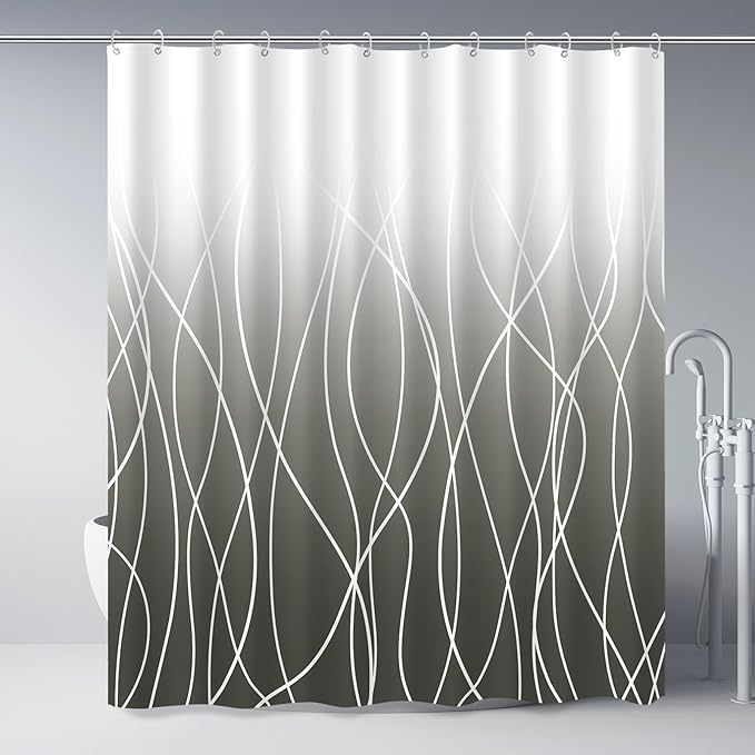 Striped Shower Curtain for Bathroom, Ombre Dark Grey, 72" W x 72" L | with Hooks, Modern Hotel Style, Water Repellent, Washable, Weighted Hem