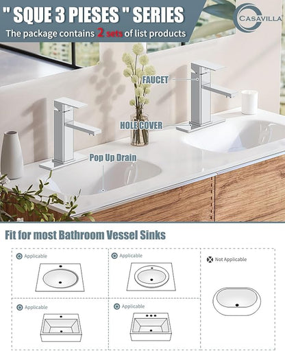 Bathroom Faucet-2 Sets, Bathroom Sink Faucets with Pop-up Drain and Deck Plate, Stainless Steel Faucets for Sink 3 Hole, Single Handle Vanity Faucet for Vessel, Chrome