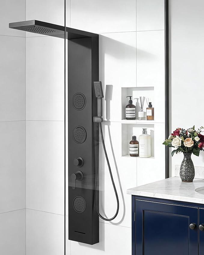 Homevacious Shower Panel Tower System Rainfall Waterfall Shower Head 3 Massage Body Jets Handheld Shower Head and Tub Spout Wall Mounted Multi-Function Bathroom Shower Panel Matte Black