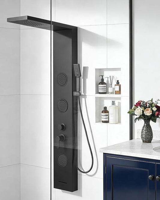 Homevacious Shower Panel Tower System Rainfall Waterfall Shower Head 3 Massage Body Jets Handheld Shower Head and Tub Spout Wall Mounted Multi-Function Bathroom Shower Panel Matte Black