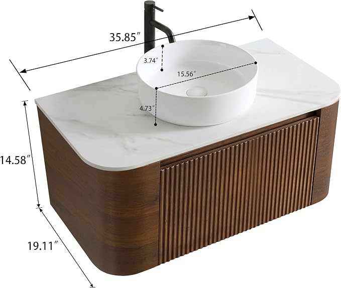 36" Preassembled Floating Bathroom Vanity with Round Sink, Walnut | Mid-Century Modern Style, Fluted & Soft-Close Drawer with U-shaped Wall, Sinterted Stone Countertop, Towel Rack Included