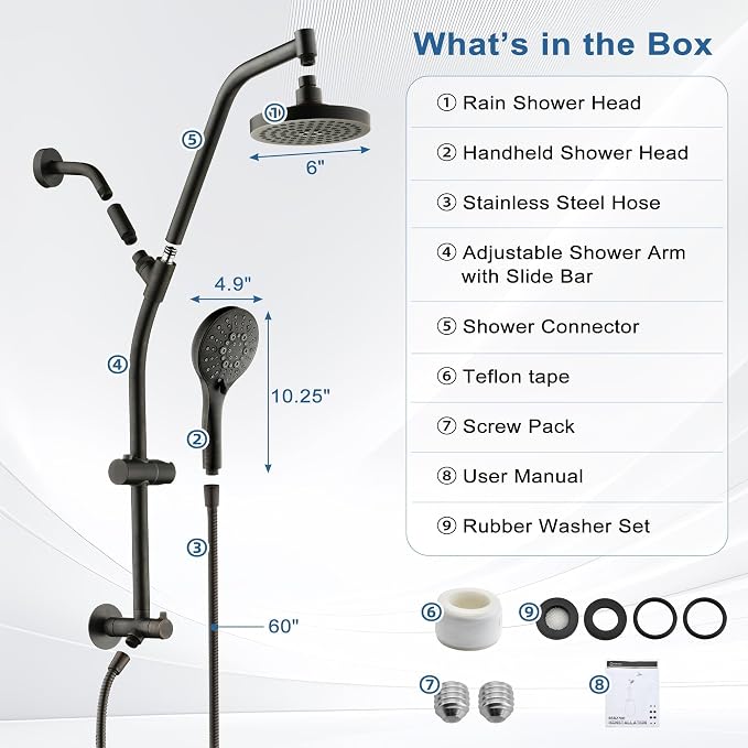 BRIGHT SHOWERS Rain Shower Head with Handheld Combo, Dual Shower System with Slide Bar, Adjustable Height, Brass Slide Bar & Diverter, 60 Inch Stainless Steel Hose, Oil Rubbed Bronze