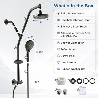 BRIGHT SHOWERS Rain Shower Head with Handheld Combo, Dual Shower System with Slide Bar, Adjustable Height, Brass Slide Bar & Diverter, 60 Inch Stainless Steel Hose, Oil Rubbed Bronze